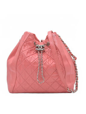 $4500 Chanel Pink CC Chain Drawstring Bucket Bag Leather